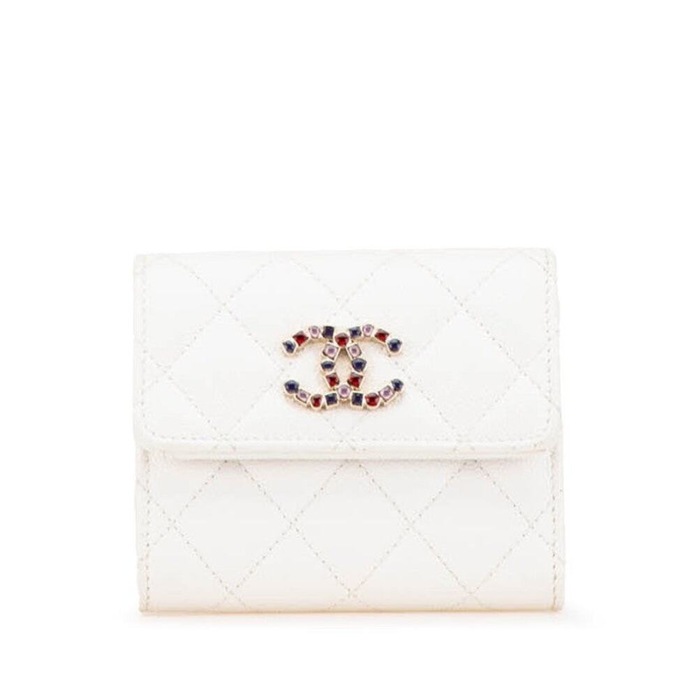 Chanel Matelasse CC Logo Bijoux Trifold Wallet Caviar Skin White